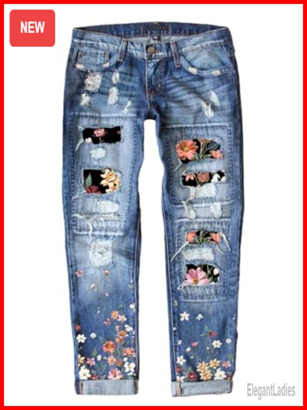 Distressed Boyfriend Skinny Stretch Denim Jeans, Ripped Patched High Rise